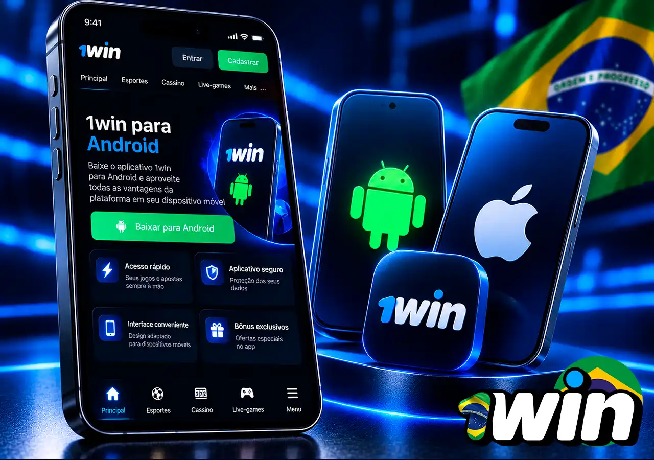 Interface móvel da 1win com símbolos de Android e iOS para acesso pelo celular.